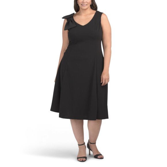 ISAAC MIZRAHI NEW YORK Black Plus Scuba Crepe Bow Midi Dress - Picture 1 of 2